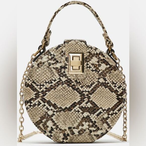 Zara Handbags - Zara Snakeskin Round Crossbody Bag Gold Chain & Handle Brown Beige Black Lined